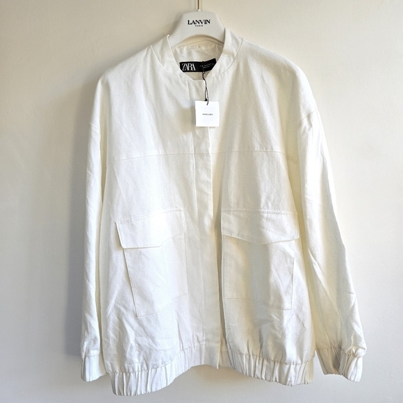 New Zara Oversized Linen Blend White Bomber Jacket Blogger Favorite NWT Medium - Picture 12 of 16